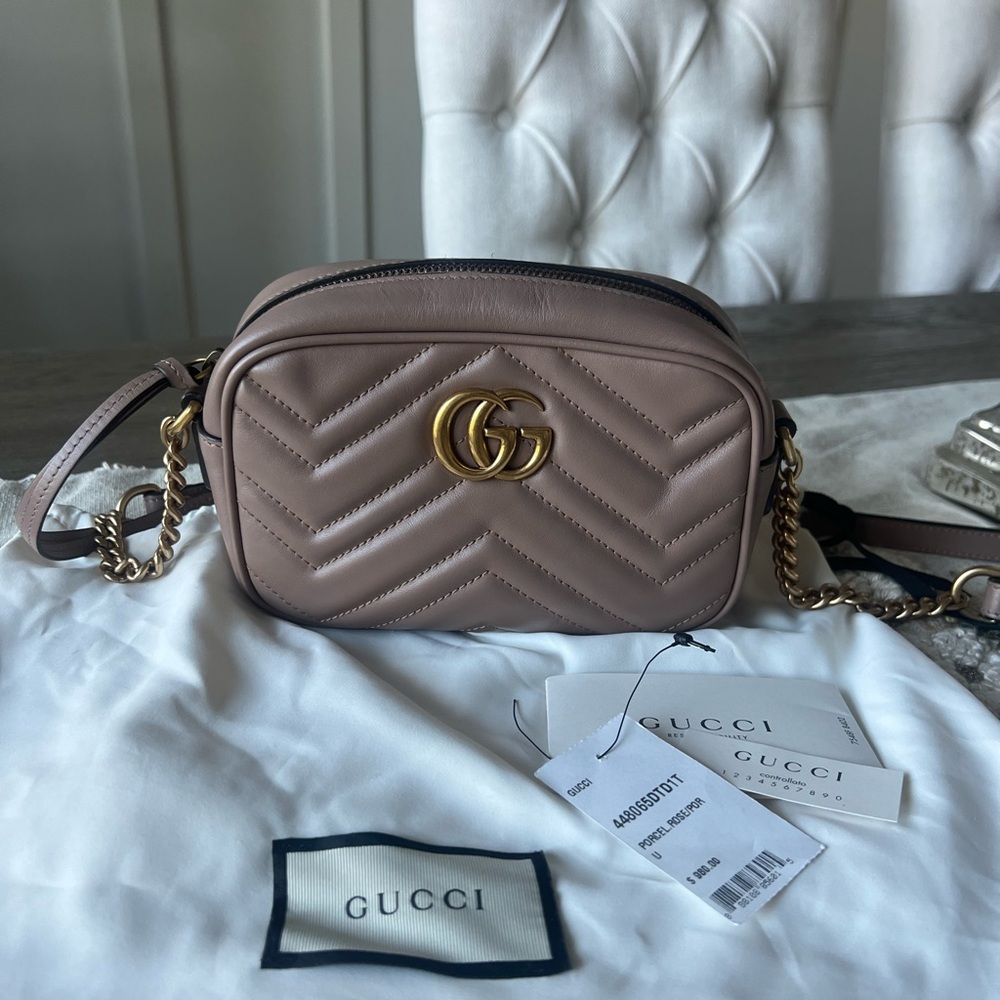 Authentic Calfskin Matelasse Mini GG Marmont Chain Shoulder Bag Porcelain Rose